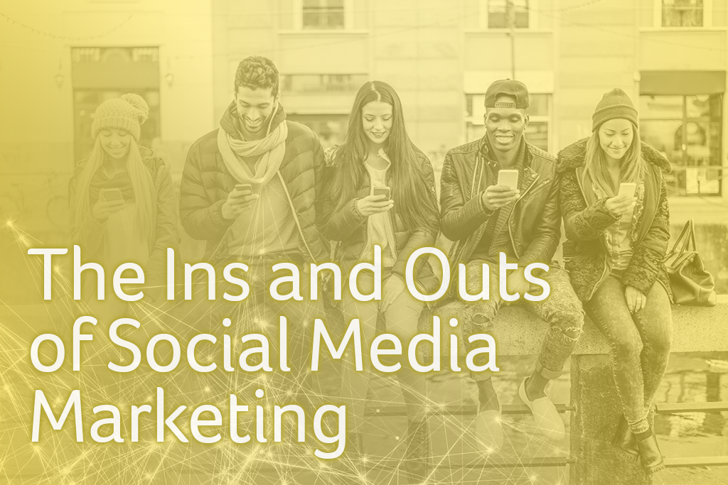 line of people sitting on their smartphones, the ins and outs of social media marketing